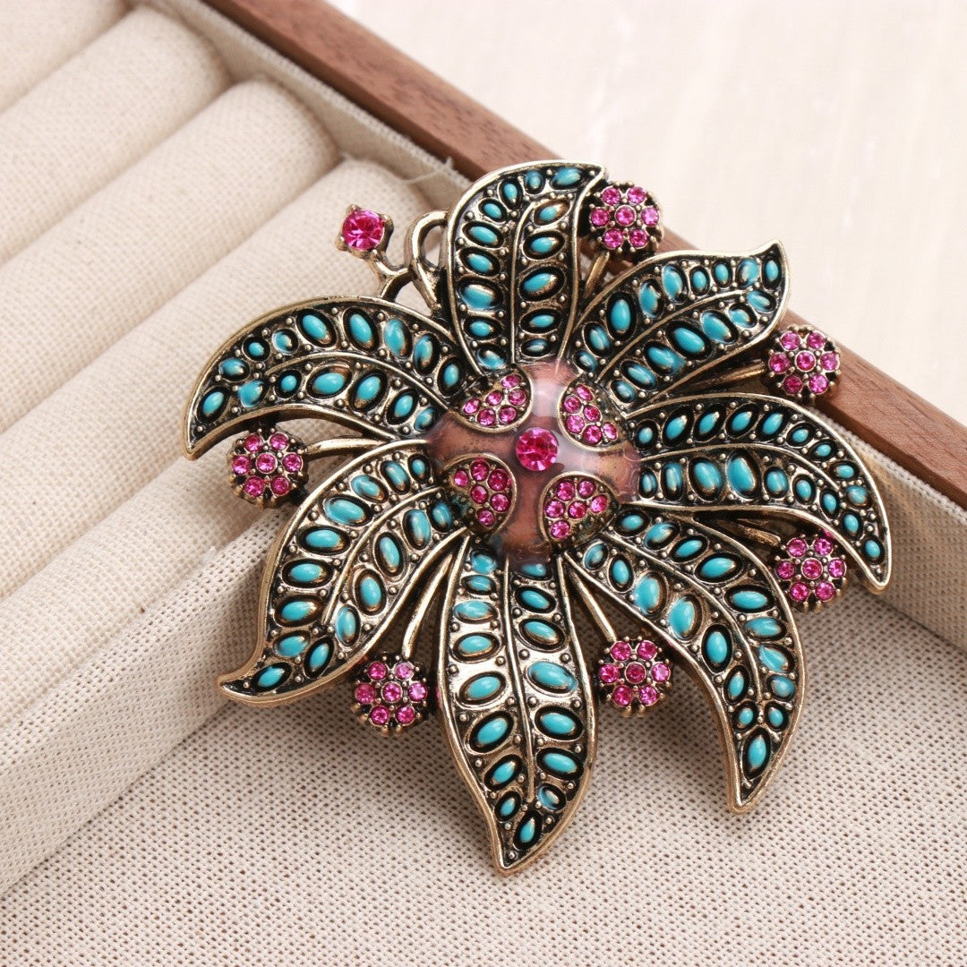 Vintage Gold Tone Flower Brooch Turquoise & Pink Rhinestone Floral Pin