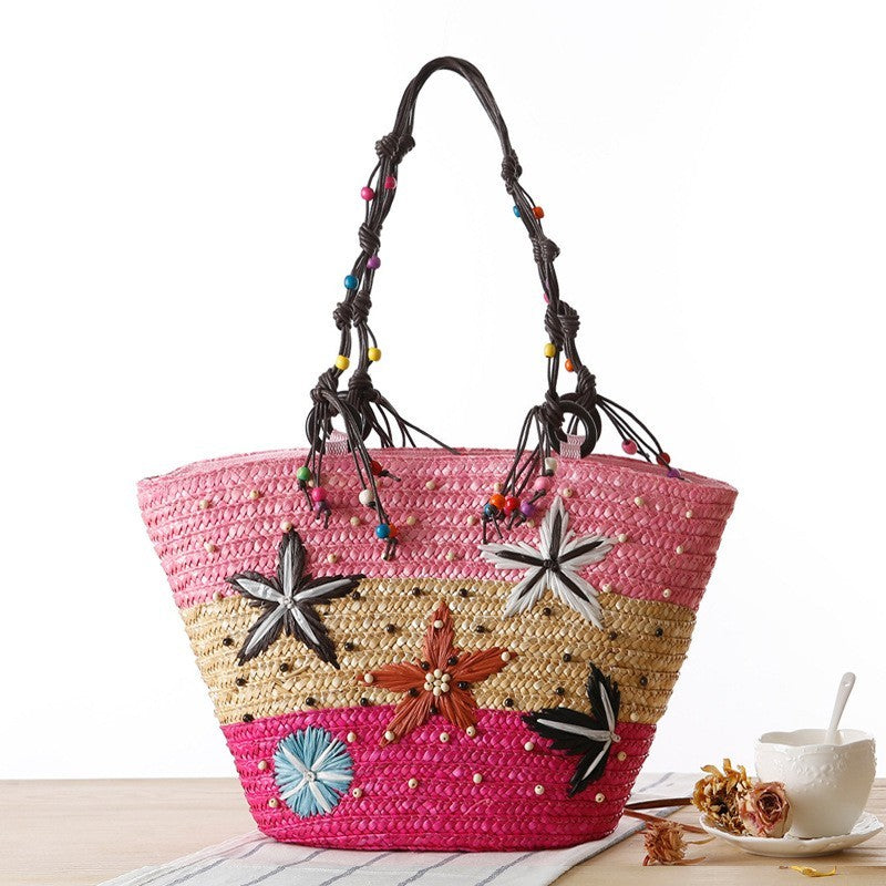 Boho Starfish Embroidered Straw Woven Bag Beaded Summer Tote Shoulder Handbag