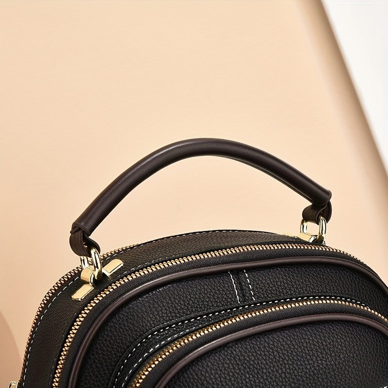 Black Crossbody Handbag Triple Zip Wide Strap Faux Leather Gold Hardware Women