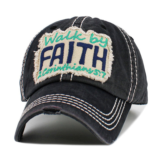 Walk By Faith 2 Corinthians 5:7 Distressed Black Baseball Cap Hat Christian Gift