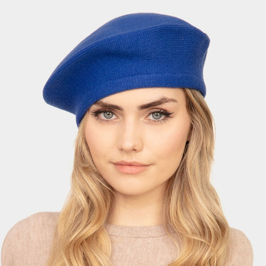 Stretchy Solid Color Beret Hat for Women Men Unisex Soft Knit Beanie Cap Blue