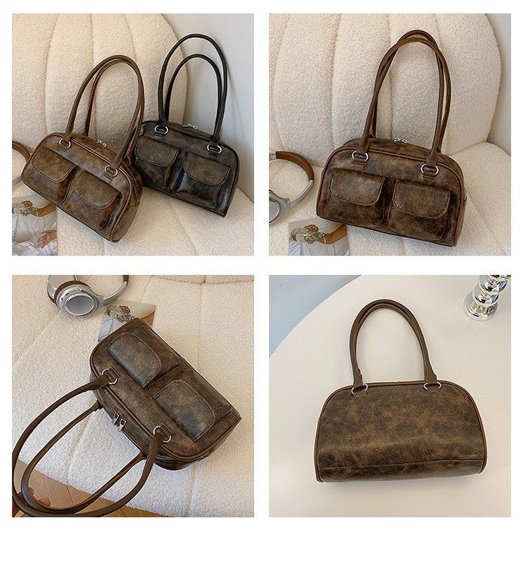 Vintage Y2K Distressed Brown Faux Leather Bowling Bag Double Pocket Shoulder Bag