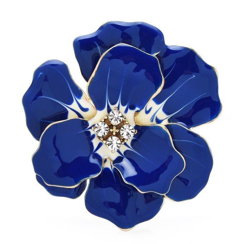 Poppy Flower Blue Enamel Brooch Pin Gold Tone Crystal Rhinestone Jewelry