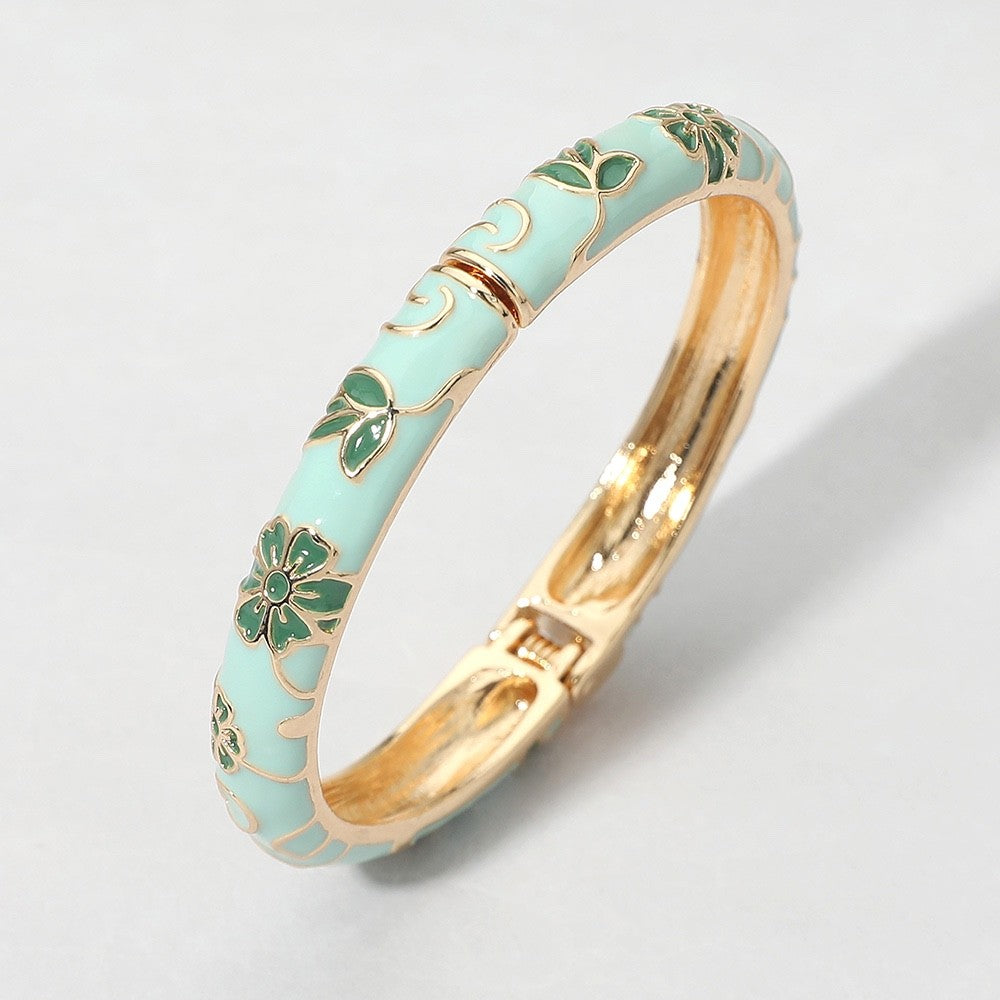 2pc Vintage Floral Enamel Gold Hinged Bangle Bracelet Set in Black and Mint