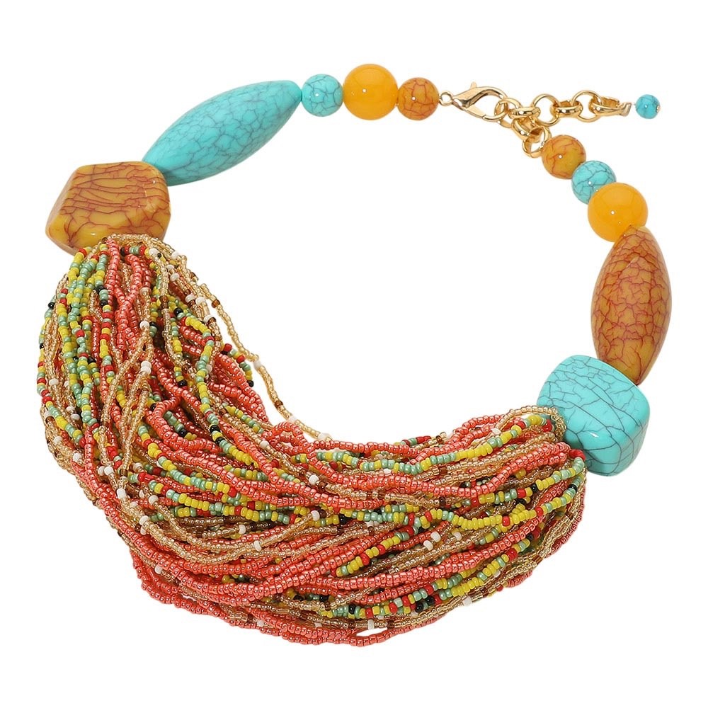 Multi-Strand Seed Bead Turquoise Coral Statement Necklace Fashion Jewelry