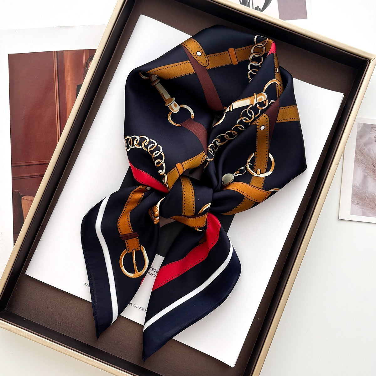 Navy Equestrian Belt & Chain Print Silk Feel  Square Scarf 27.5x27.5"
