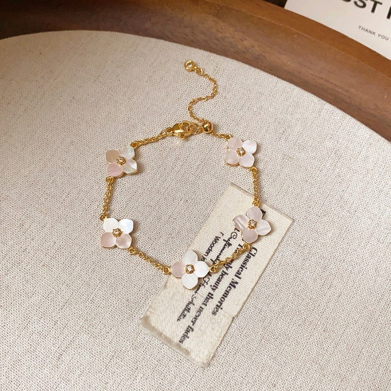 2PCS Gold Tone White MOP Clover Bracelet Set Dainty Lucky 5-Motif Gift