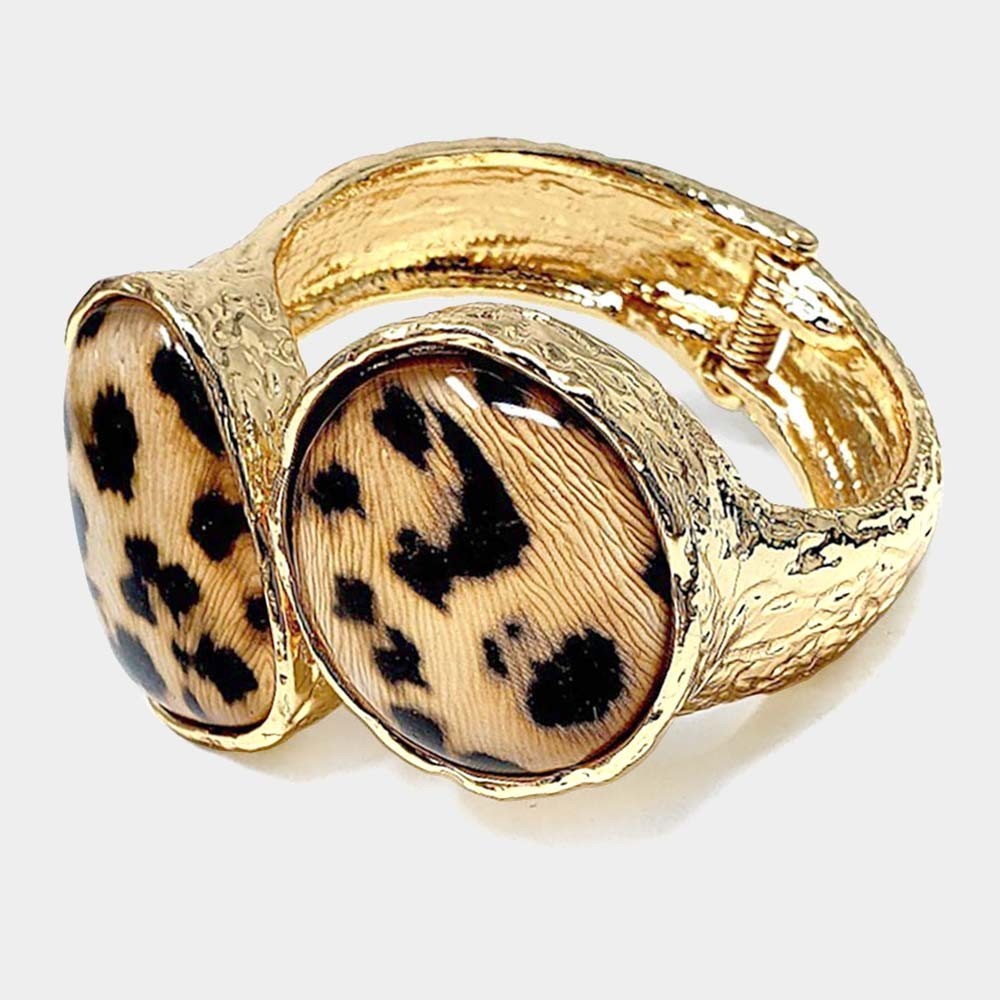 Gold Tone Leopard Pattern Double Stone Hinged Statement Bracelet