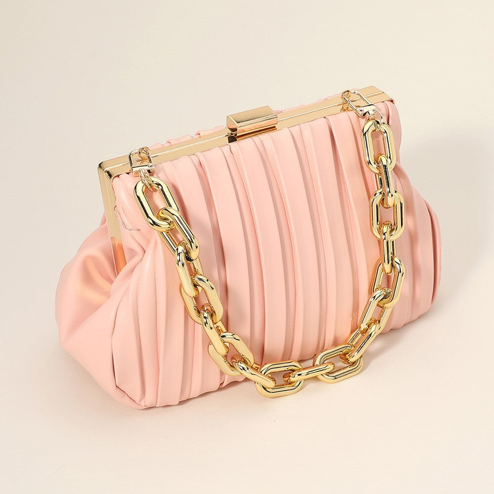 Pleated Satin Clutch Bag Pink Gold Chain Purse for Women Elegant Evening Handbag