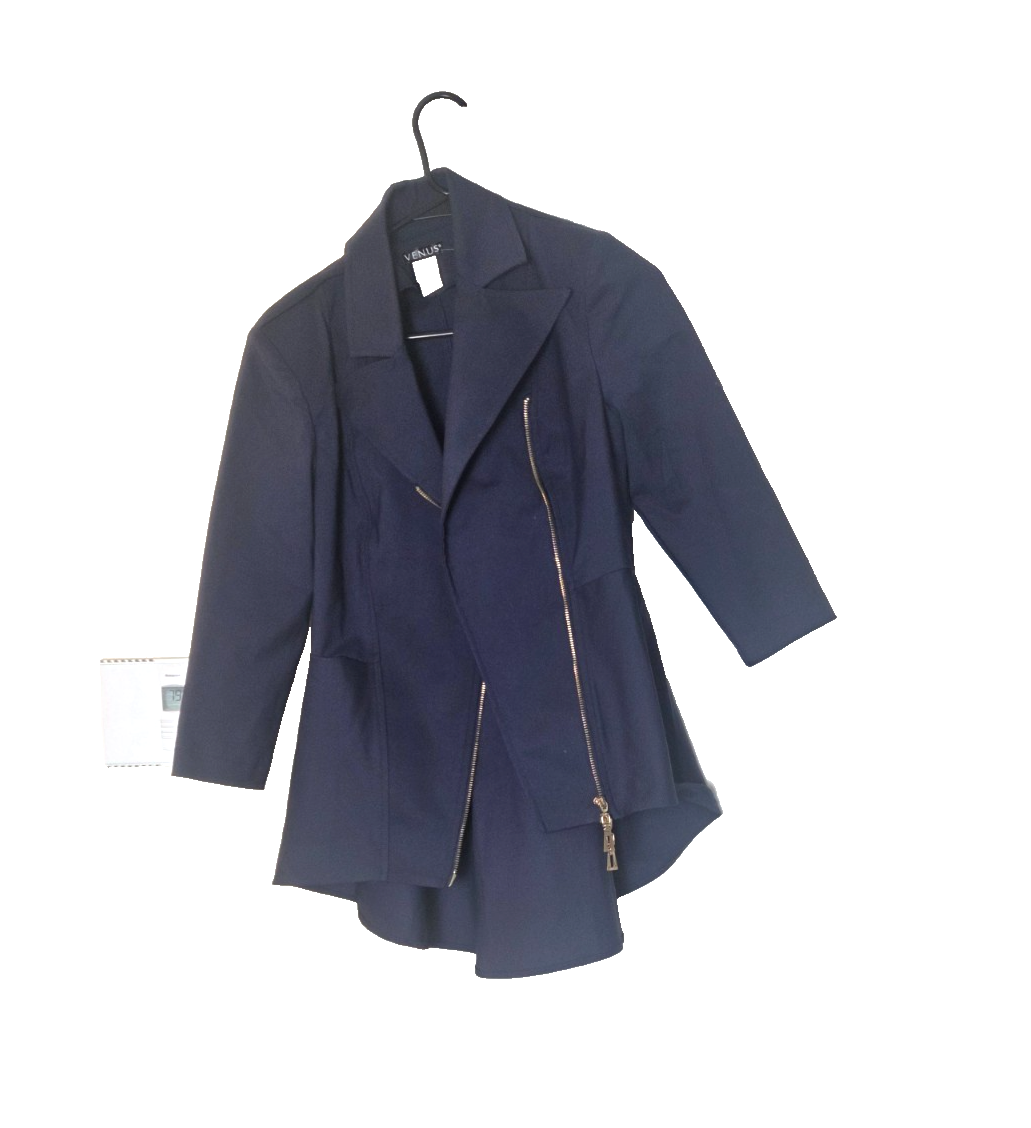 Navy Blue Asymmetrical Peplum Blazer Jacket Gold Zippers Buttons Women's Size 10