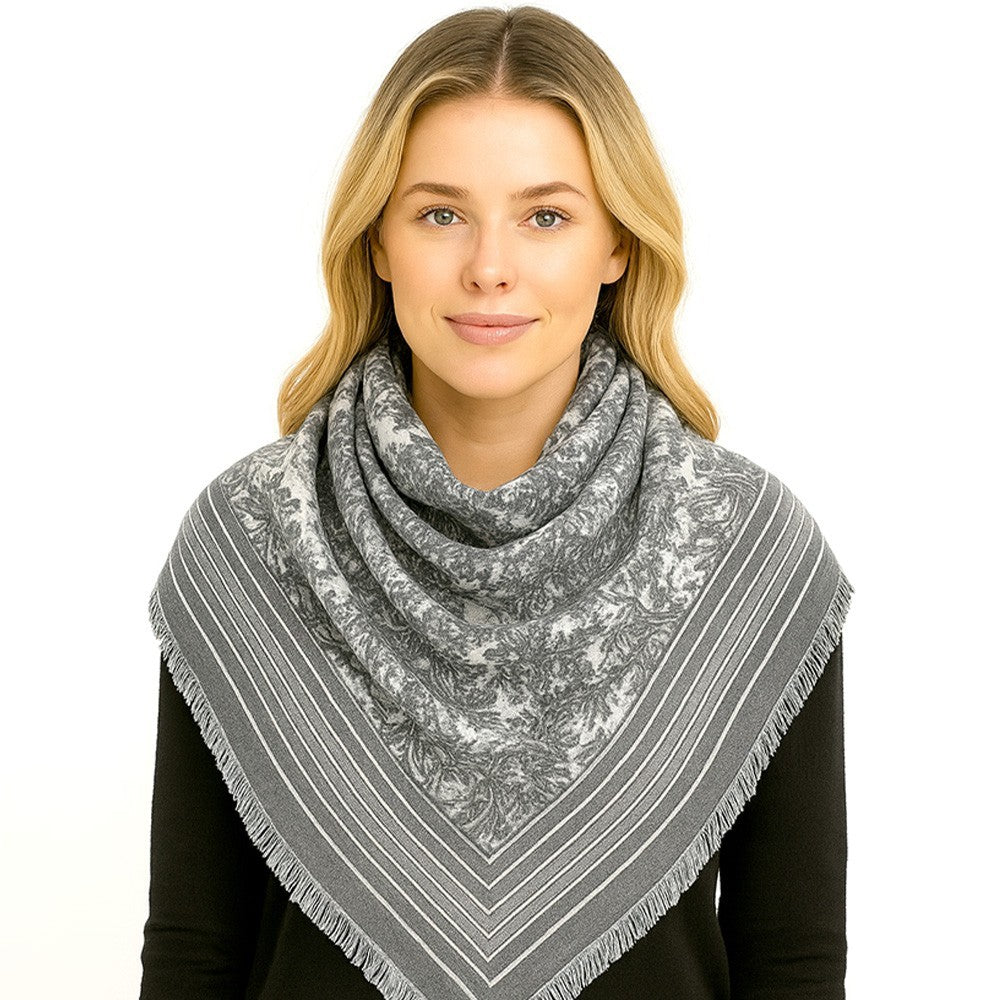 Womens Elegant Floral Stripe Pattern Printed Square Scarf With Fringe Edges Gray