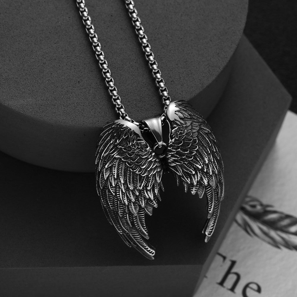 Men's Angel Wing Necklace Stainless Steel Guardian Biker Gothic Pendant Gift