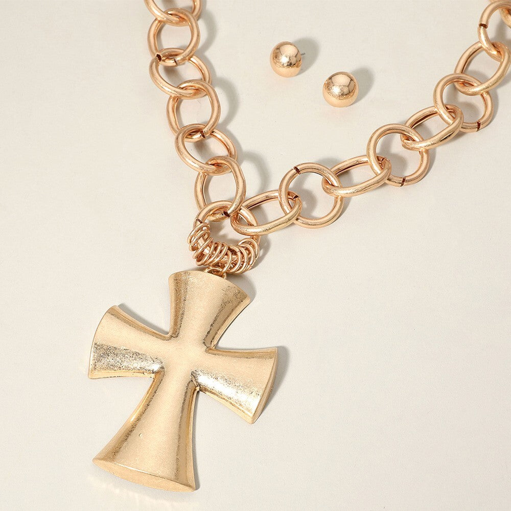 Chunky Cross Pendant Necklace Matte Metal Pointed Chain Statement Jewelry