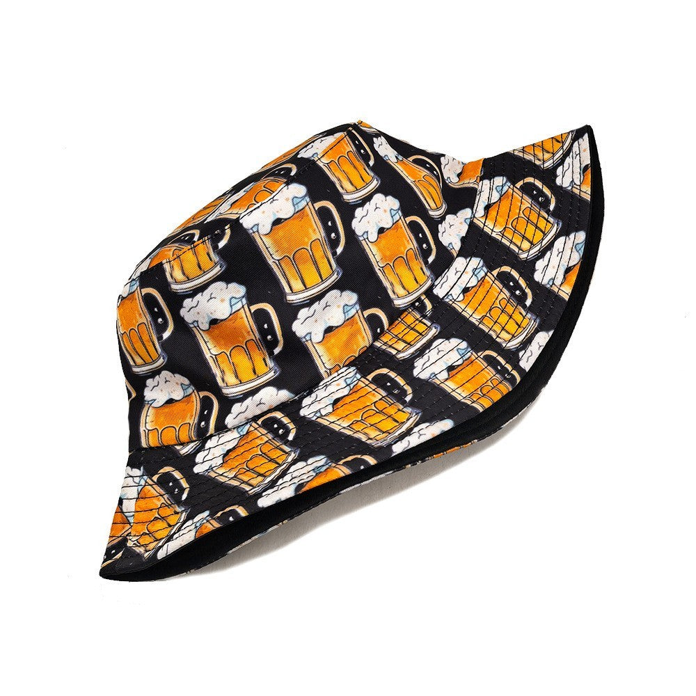 2PCs Reversible Beer Mug Print Bucket Hat Gift Set for Men Women Party