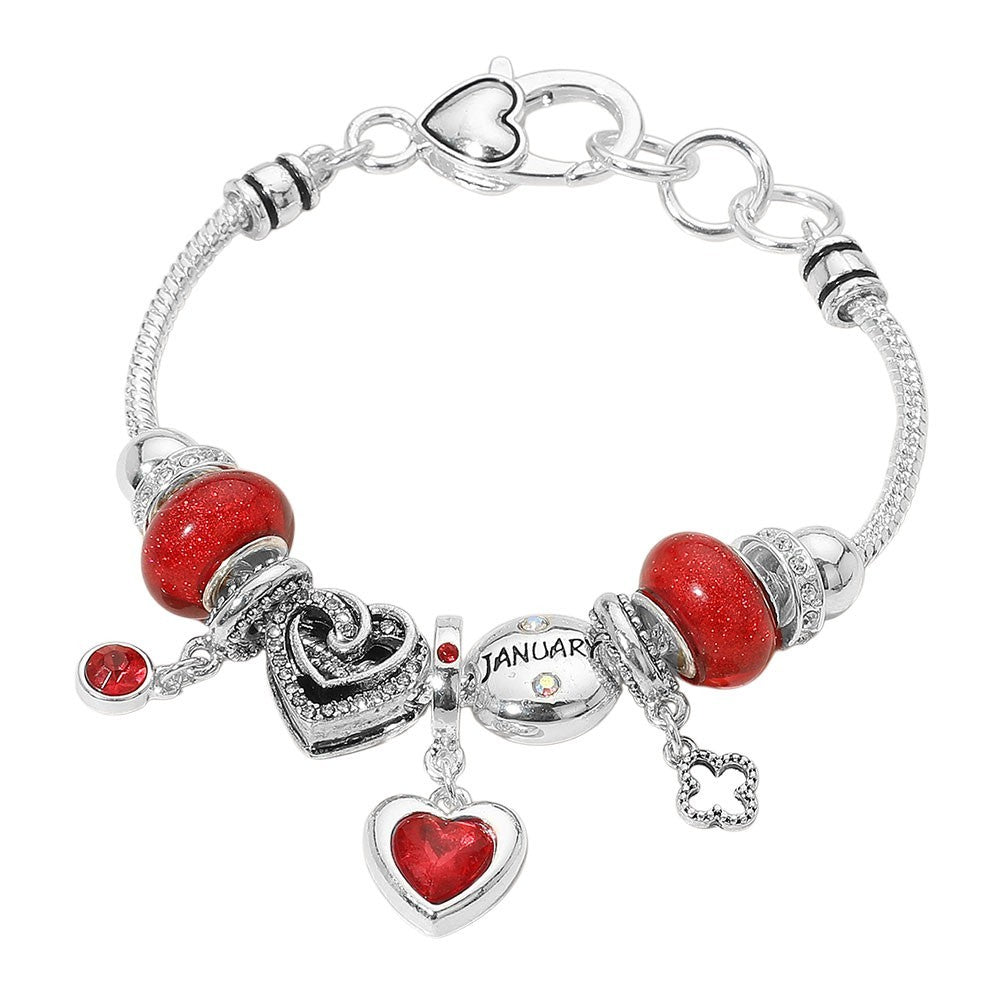 January Birthstone Heart Charm Beaded Bracelet Red Multi Layer Stretch Jewelry