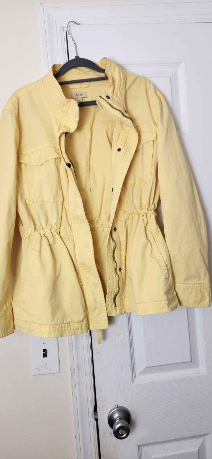 Style & Co Yellow Twill Jacket Large Waterproof Zip Up Drawstring Waist Raincoat