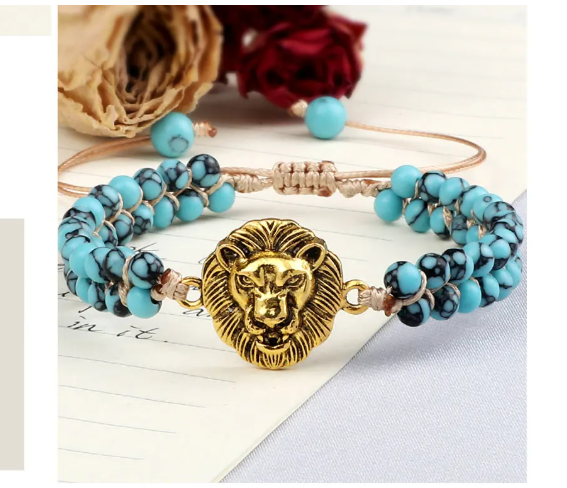 Gold Tone Lion Head Braided Bracelet for Men Adjustable Strength Symbol Jewelry