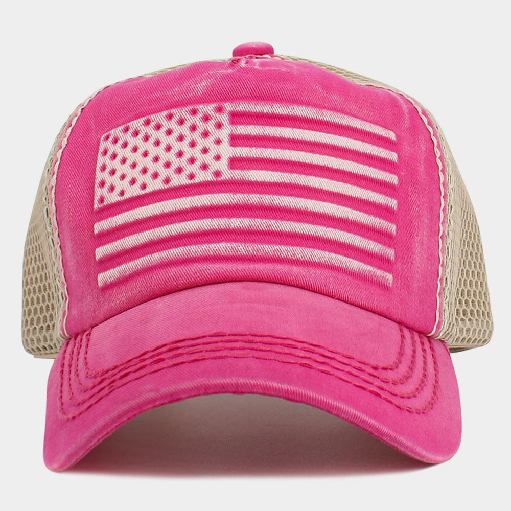 Washed Hot Pink American Flag Mesh Trucker Hat Distressed USA Cap for Women