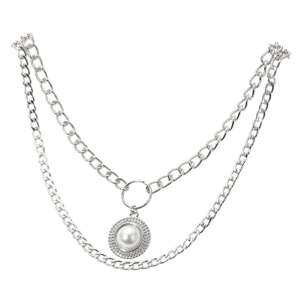 Silver  Layered Chain Necklace Faux Pearl Pendant Cubic Zirconia Stack Jewelry