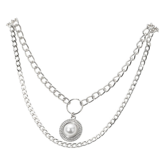 Silver  Layered Chain Necklace Faux Pearl Pendant Cubic Zirconia Stack Jewelry