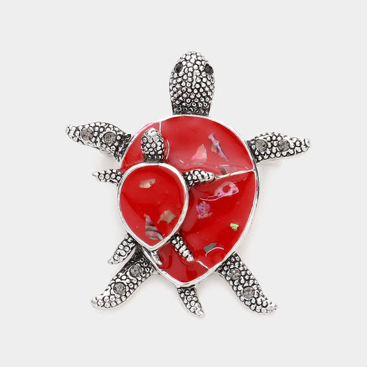 2pcs Turtle Family Brooch Set White and Red Shell Inlay Sea Life Pin Gift
