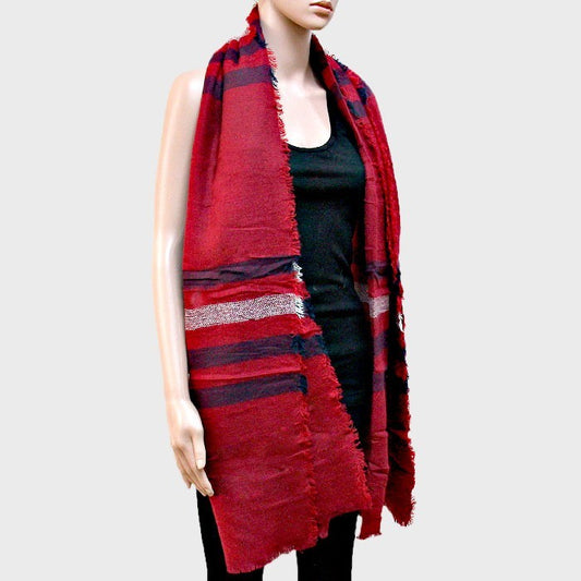 Stripe Accented Knit Shawl Scarf with Raw Fringe Trim for Women