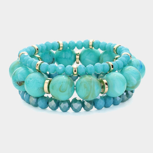 Women’s 3PCS Turquoise Round Beaded Stretch Bracelet Set Multi Layered Jewelry