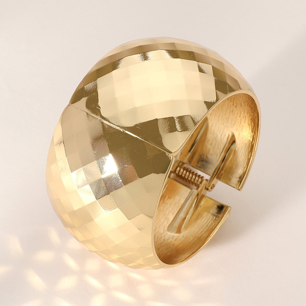 Chunky Gold Tone Textured Metal Wide Hinged Bangle Bracelet Statement Jewelry