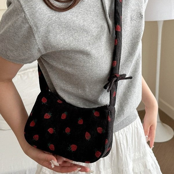 Cute Y2K Beige Corduroy Strawberry Scrunchie Strap Shoulder Bag