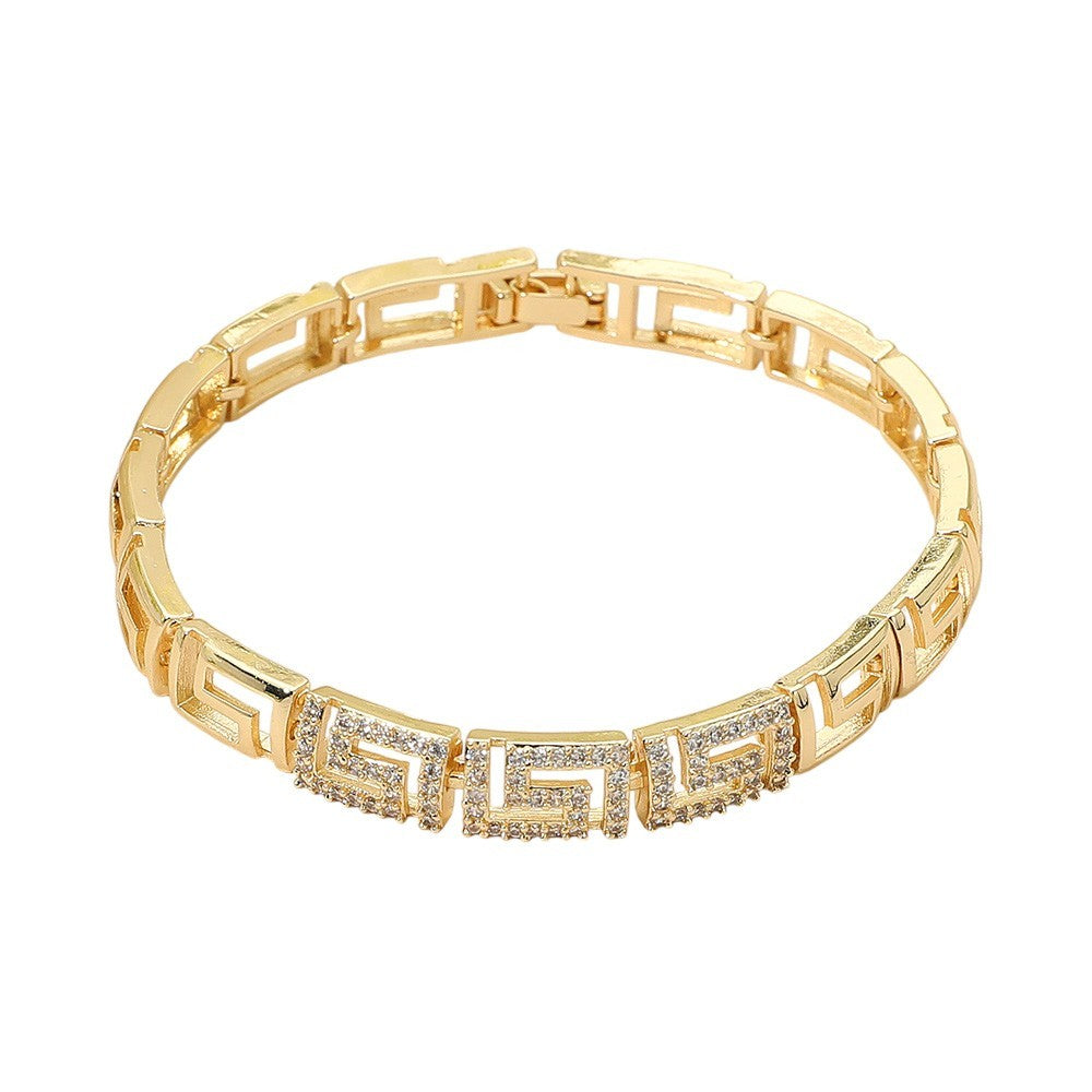 Gold Tone Greek Key Meander Geometric CZ Link Bracelet 7.25"