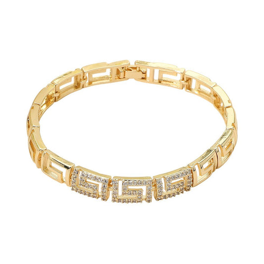 Gold Tone Greek Key Meander Geometric CZ Link Bracelet 7.25"