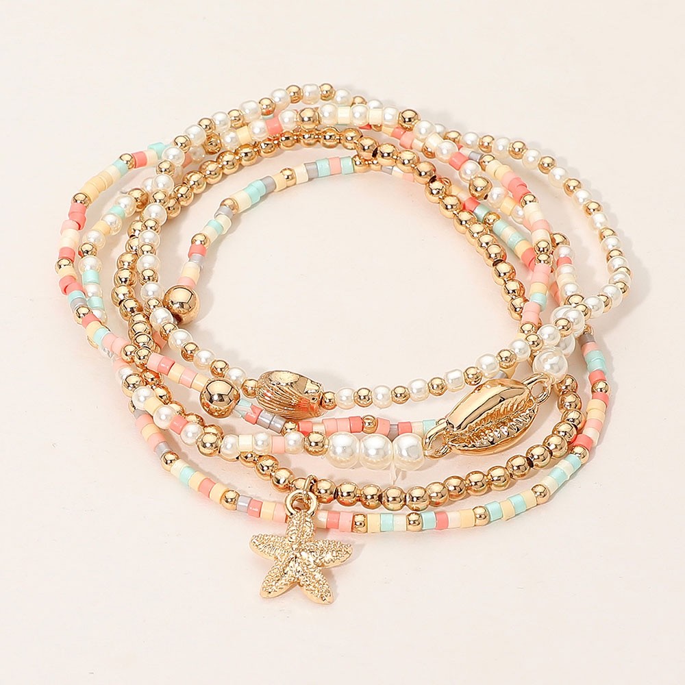 5pc Gold Starfish & Cowrie Shell Beaded Bracelet Set - Boho Coastal Beach Set