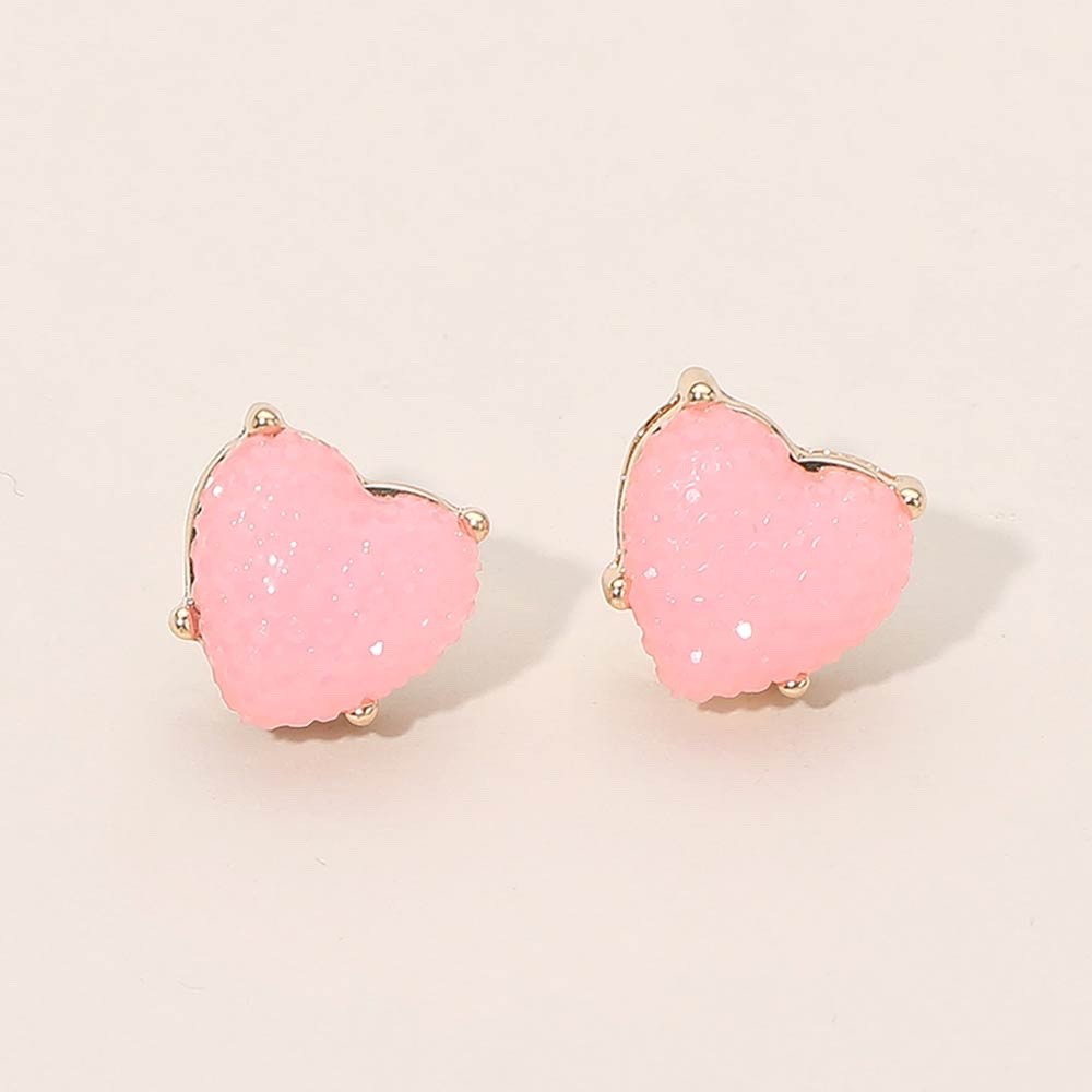 Pink Resin Druzy Heart Stud Earrings Gold Tone Romantic Sweet Jewelry Gift