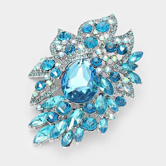 Shimmering Aqua Blue Teardrop Crystal Leaf Brooch Pin - Silver-Tone Cluster