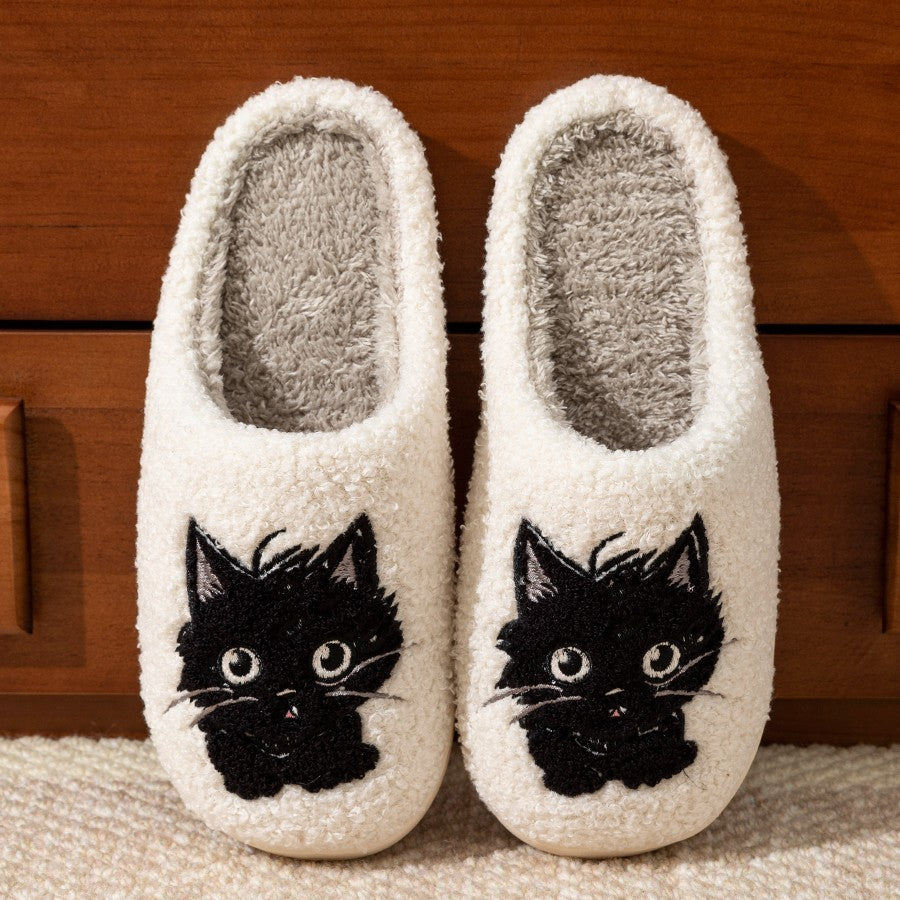 White Fuzzy Cat Slippers Indoor Shoes Black Cat Face Embroidery Soft Plush