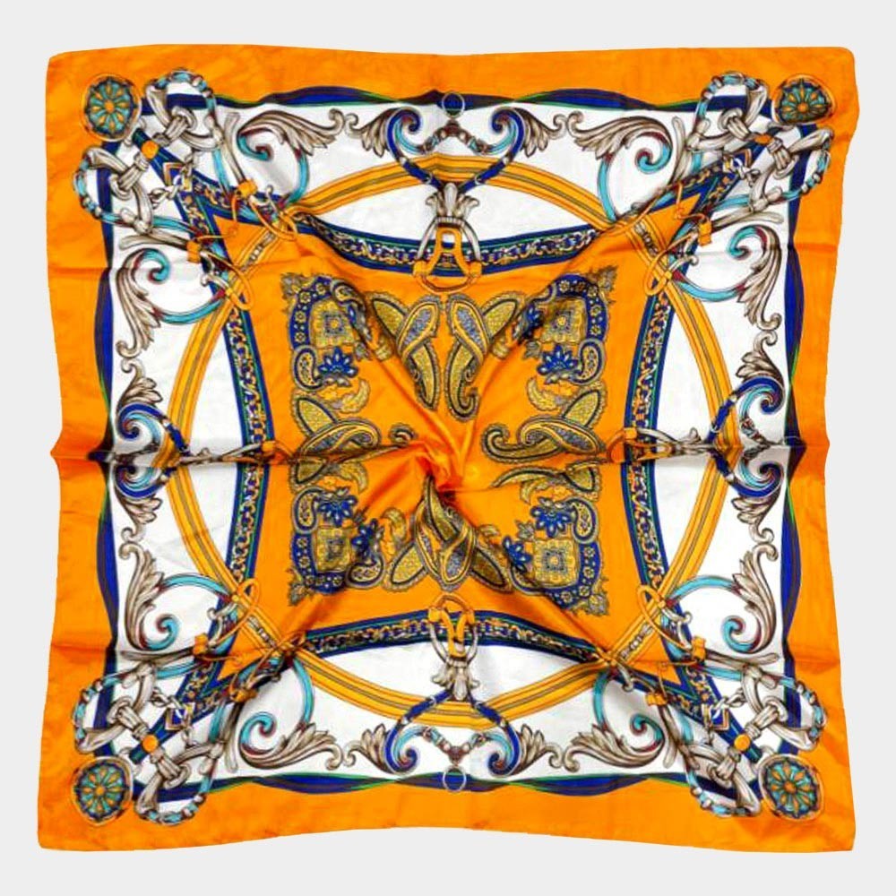 Luxury Baroque Print Square Silky Satin Scarf Orange Blue Gold 35x35 Shawl Wrap