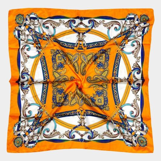 Luxury Baroque Print Square Silky Satin Scarf Orange Blue Gold 35x35 Shawl Wrap