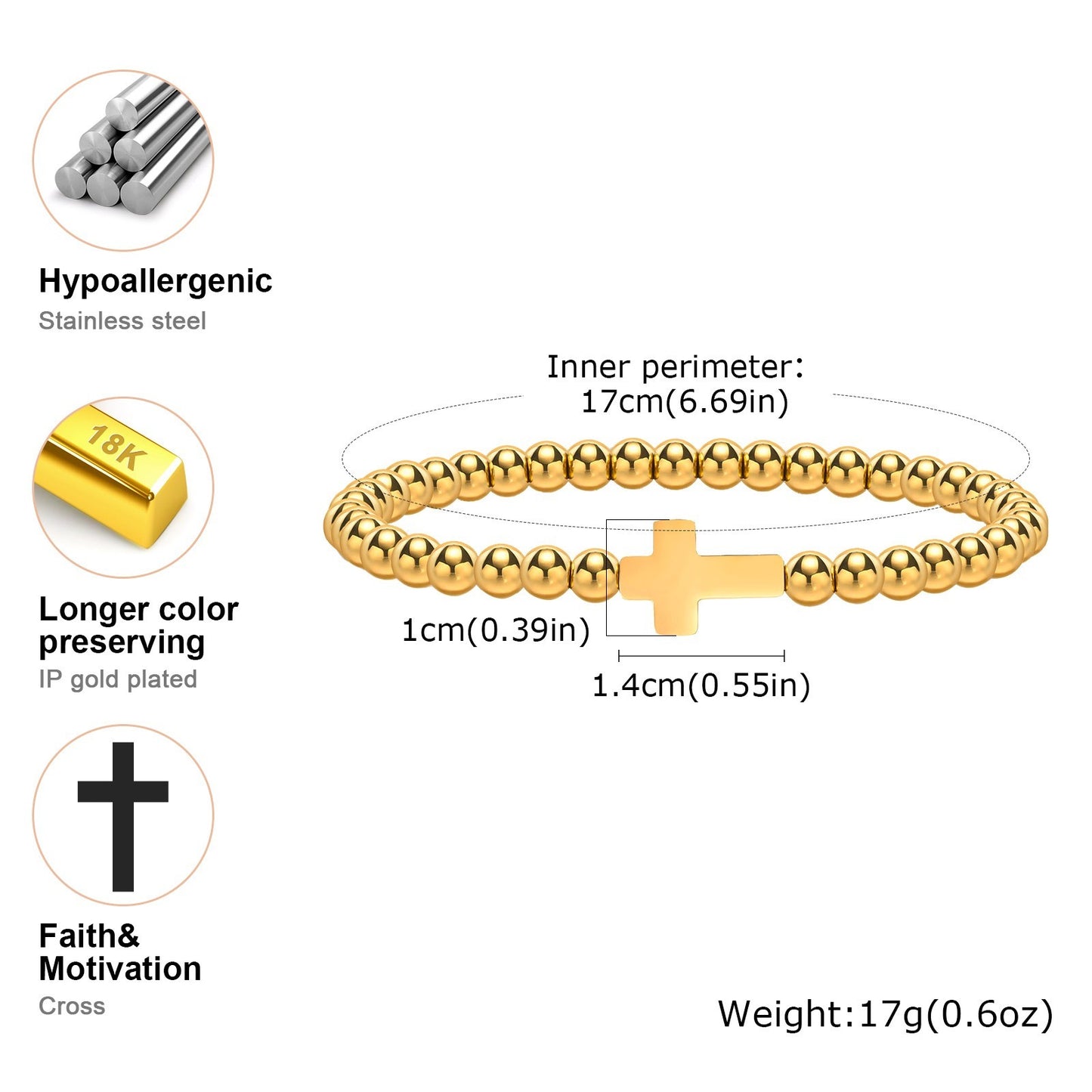 Set of 2 Cross Beaded Bracelets Gold & Silver Tone Stainless Steel Stretch Duo