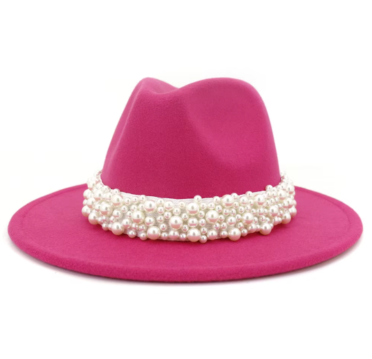White Felt Jazz Fedora Hat with Pearl Band Wide Brim Elegant Dressy Accessory