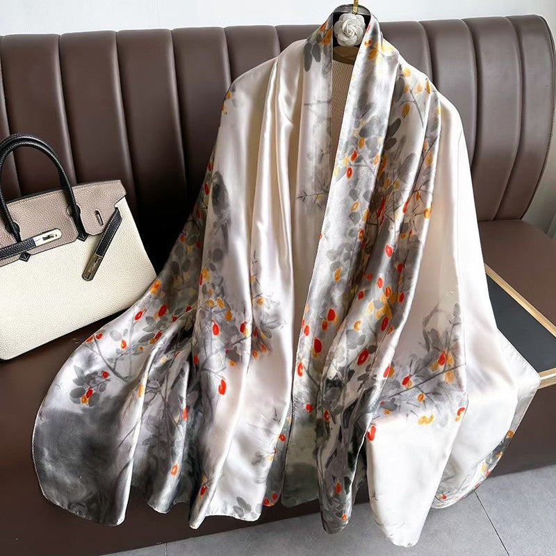 Cream Floral Black Pattern Scarf Wrap 71x35 in Large Silk Feel Shawl Soft