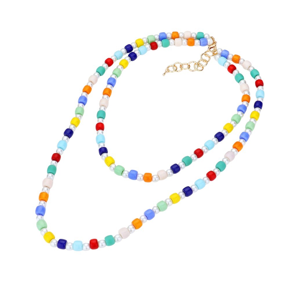 Multi-Color Beaded Pointed Pearls Double Layered Long Bib Necklace for Women