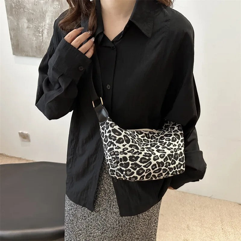 Leopard Print Hobo Shoulder Bag Y2K Style Black White Baguette Purse