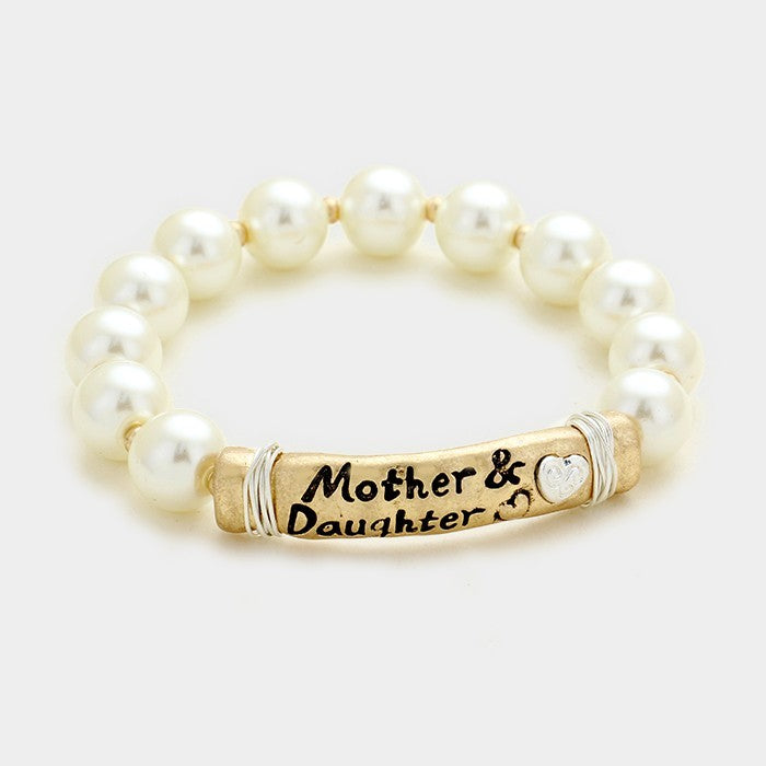 2 PCs "Mother & Daughter" Heart Message Bar Faux Pearl Beaded Stretch Bracelet