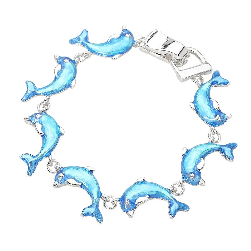 Blue Enamel Dolphin Link Bracelet Silver Tone Coastal Nautical Beach Jewelry