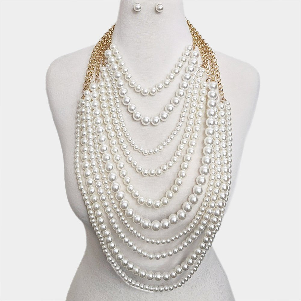 Multi Layer Faux Pearl Statement Necklace and Stud Earrings Set