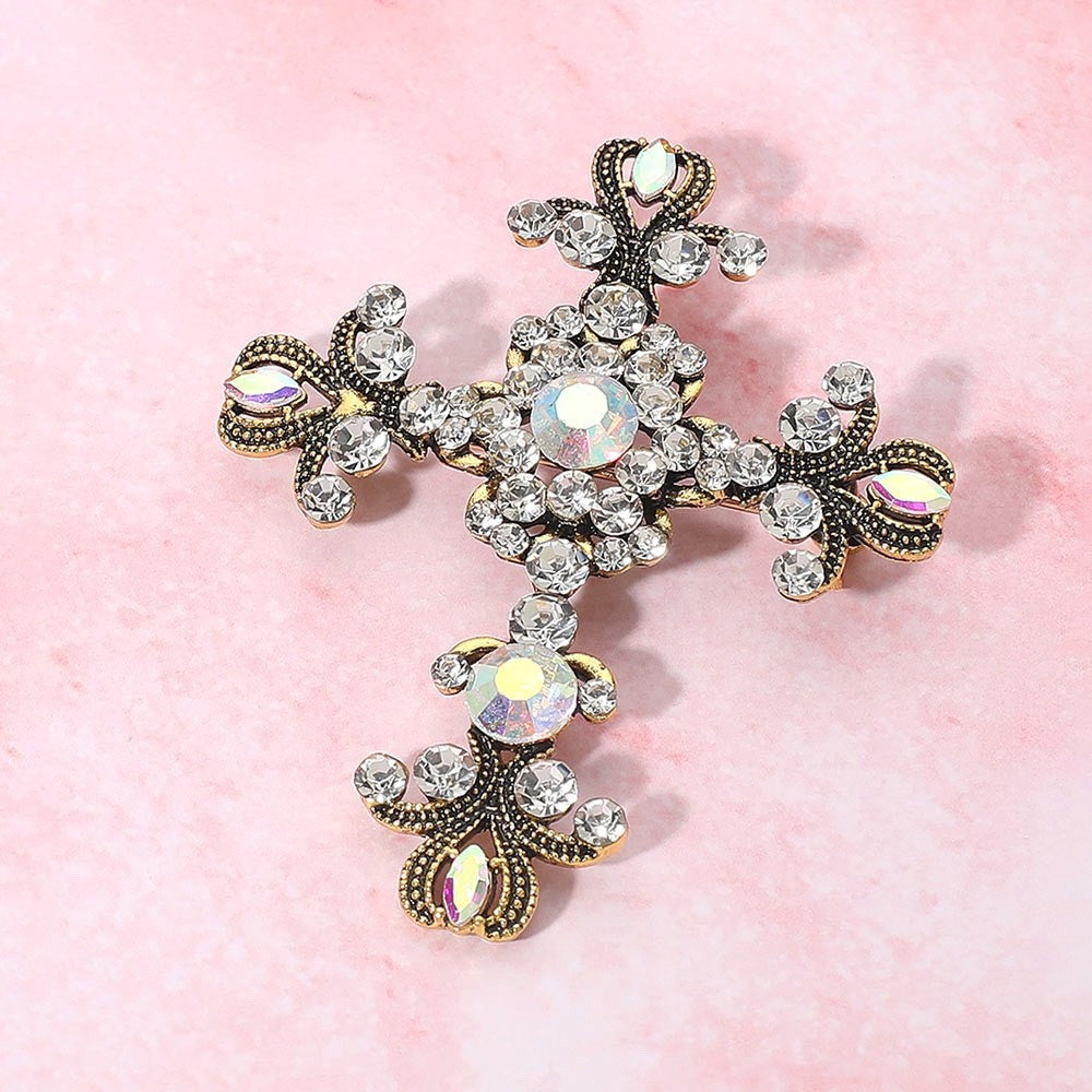 2pcs Gothic Cross Brooch Set Antique Gold & Black Crystal Religious Statement Pi