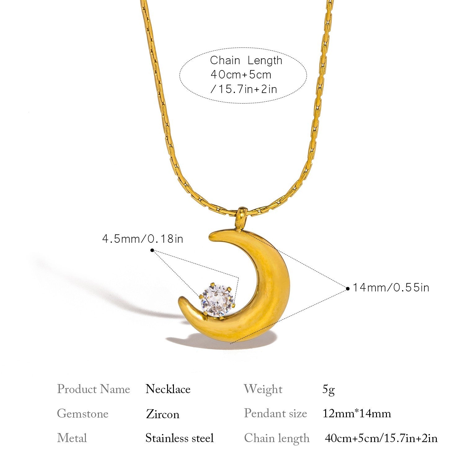 Gold  Tone Moon Pendant Necklace Women Zircon Stone Stainless Steel Jewelry