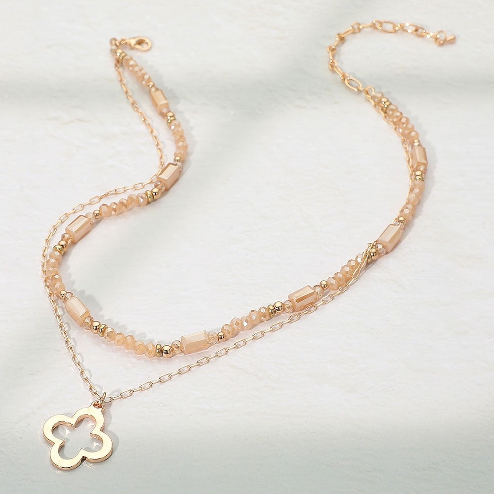 Gold Double Layer Beaded Clover Pendant Necklace Elegant Fashion Jewelry