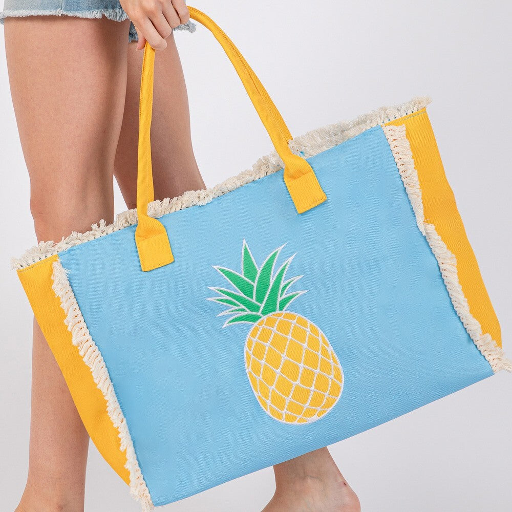 Pineapple Patch Embroidered Fringe Tote Bag Beach Vacation Purse