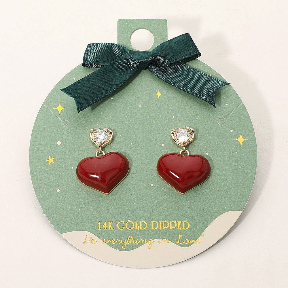 Red Heart Drop Earrings 14K Gold Dipped Cubic Zirconia Dangle Studs Valentine